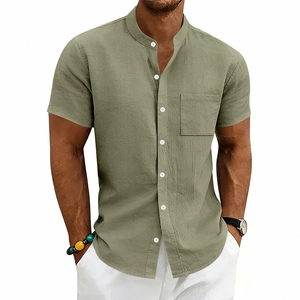 Men's olive green linen short sleeve shirt with band collar and chest pocket