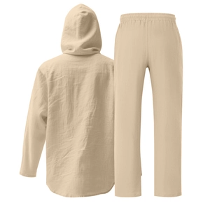 Vue mannequin fantôme d'un ensemble chemise à capuche en lin et pantalon à cordon homme