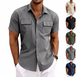 Men's casual short sleeve work shirt with classic lapel and double chest pockets