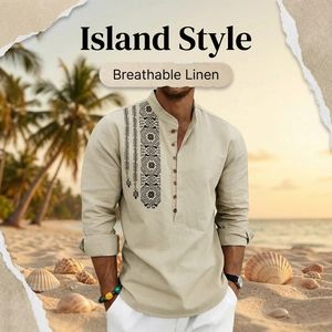 Detail of light beige breathable linen shirt with ethnic embroidery and V-neckline