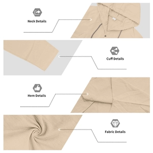 Détails du col, des poignets, de l'ourlet et du tissu en lin texturé de la chemise à capuche