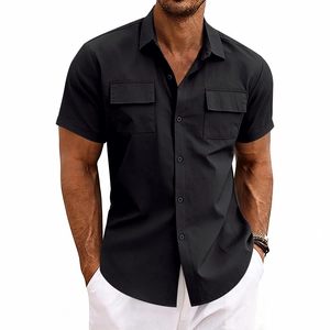 Men's slim fit black short sleeve shirt with chest pockets and classic turn-down collar