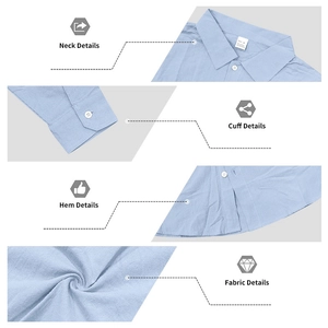 Vues détaillées de la chemise en lin bleu clair montrant le col, les poignets et le tissu