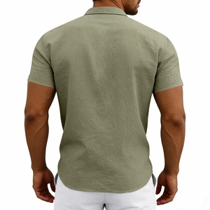 Detail view of the back of a men's linen short sleeve shirt in olive green