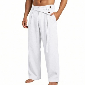 Men's white linen blend straight leg trousers with unique triple button waist closure
