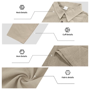 Close-up of linen polo set showing neck details, fabric texture and care labels