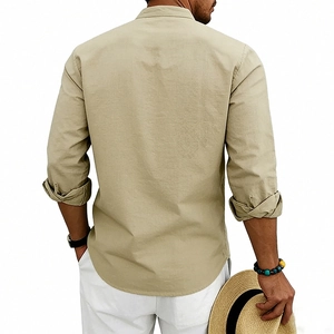Rear view of men's khaki linen long sleeve shirt featuring a minimalist mandarin collar
