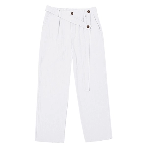 Detail view of white linen straight leg pants with waist button and matching belt buckle