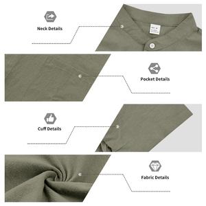 Detail of linen blend shirt showing mandarin collar, chest pocket and fabric texture