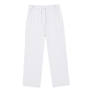Detailed texture of white linen drawstring waist casual pants for men with relaxed fit