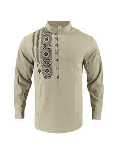 Detail view of khaki linen shirt featuring ethnic geometric print and buttoned collar