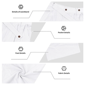 Vues détaillées du pantalon en lin blanc montrant la taille, les poches et le tissu