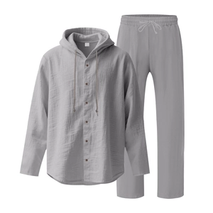 Vue détaillée du sweat à capuche en lin gris pour hommes et du pantalon élastique