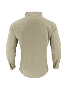 Back view of a men's khaki linen shirt showing sleeve button details and textured fabric