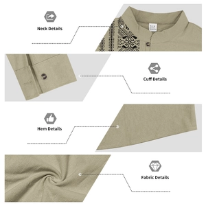 Detailed close-up of khaki linen shirt collar, fabric texture and cotton-linen tag