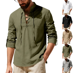 Men's cotton linen Henley shirt with long sleeves and lace-up neck in multiple colors