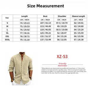 Detailed size chart for men's linen casual shirt with length, bust, and shoulder measurements