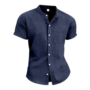 Detailed view of dark blue linen shirt featuring stand collar and textured fabric weave