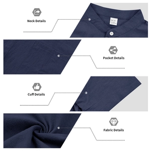 Detailed close-up of navy linen blend shirt showing mandarin collar and fabric texture