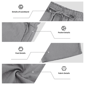 Detailoverzicht van linnen herenset met elastische tailleband, zakken en textuurstof