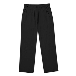 Flat lay of black men's linen pants with elastic waist and relaxed straight leg cut