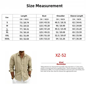 Detailed size chart for men's linen long sleeve shirts including S to XXXL measurements