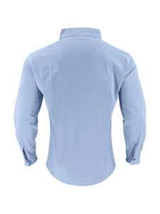 Back view of light blue linen shirt featuring a pointed collar and buttoned cuffs