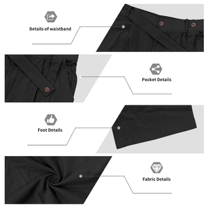 Vue détaillée du pantalon en lin noir avec boutons à la taille, poches et texture du tissu