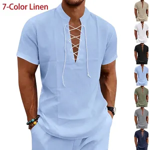 Camicia da uomo in lino traspirante con lacci, collo alla coreana e maniche corte, 7 colori