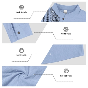 Detailed views of light blue linen shirt featuring ethnic embroidery and fabric texture