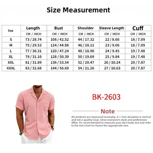 Detailed size chart for men's short sleeve shirt with Cuban collar and pink fabric texture