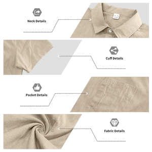 Detalle de camisa de lino beige para hombre con cuello de solapa, bolsillo y textura tela