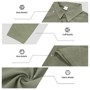 Detail view of olive green linen polo shirt showing collar, cuffs and fabric texture