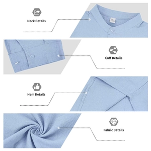 Dettagli camicia in lino azzurro con colletto alla coreana e trama del tessuto naturale