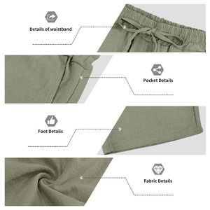 Detailoverzicht van linnen broek met trekkoord, zakken en ademende geweven stof
