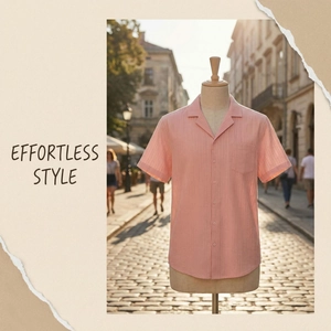 Close-up of peach Cuban collar shirt featuring vertical textured fabric and a chest pocket