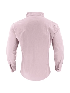 Back view of a slim-fit light pink linen shirt featuring a curved hem and buttoned cuffs