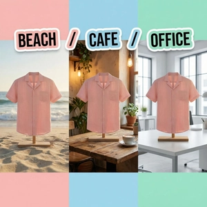 Men's pink Cuban collar shirt in textured fabric for beach, cafe, and office settings