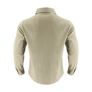 Detail view of khaki linen long sleeve shirt back with natural wrinkled texture and curved hem