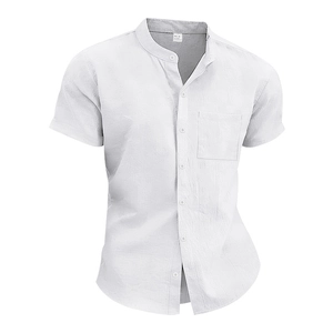 Detail of white linen shirt showing grandad collar, front pocket, and fabric texture