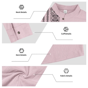 Detail view of the embroidered neckline, sleeve cuffs, and linen texture of this shirt