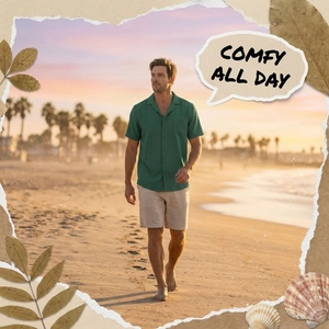 Detail of dark green waffle knit shirt and beige shorts on a beach background
