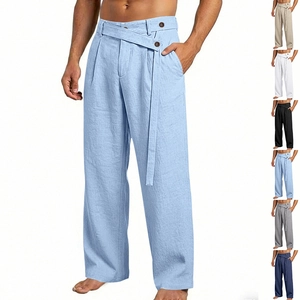 Men's Casual Linen Pants American Old Money Style Loose Straight Leg Breathable Trousers With Crossover Waist Band For Vacation Daily Wear