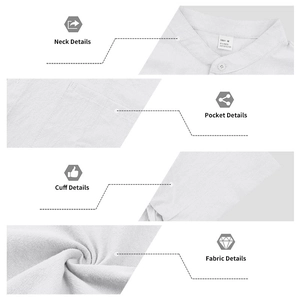 Detail view of white linen blend shirt showing mandarin collar and chest pocket