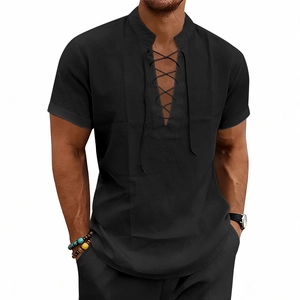 Camicia nera da uomo a maniche corte con lacci sul collo in tessuto effetto lino