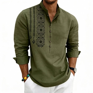 Men's loose linen Henley shirt in olive green with ethnic geometric print on chest