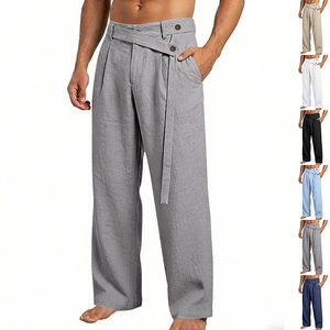 Men's loose straight linen pants with high-waisted belt design in multiple colors