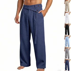 Men's wide-leg linen pants with overlapping waist belt available in 7 classic colors