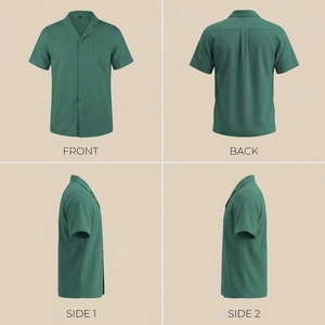 Detailed four-view of men's dark green Cuban collar shirt with vertical knit texture