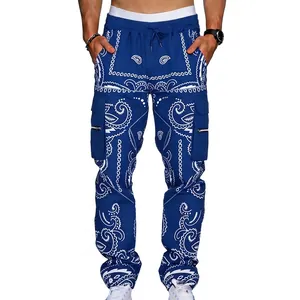 Detailed view of paisley print cargo pants with side zipper pockets and drawstring waist